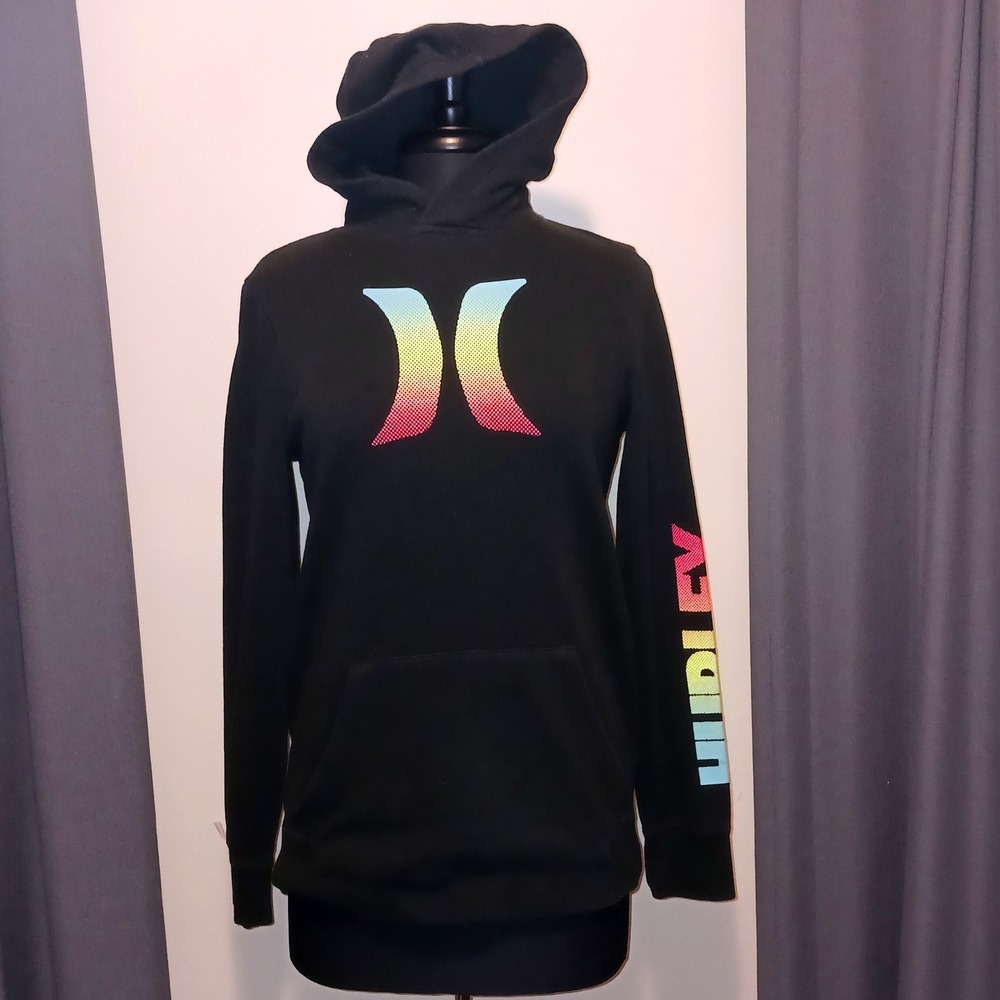 Hurley Kids XL Black Hoodie Gradient Logo Sleeve Graphic Pullover Sweatshirt